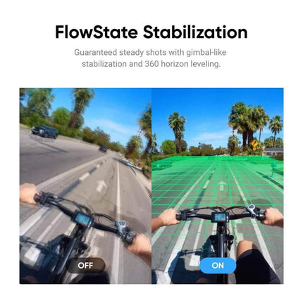 FlowState Stabilization feature comparison for Insta360 NEW GO 3 Tiny Action Camera showing gimbal-like stabilization.