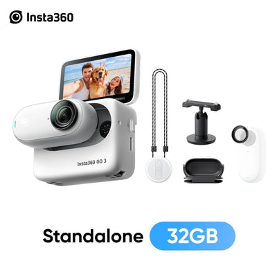 Insta360 GO 3 standalone camera with accessories on a white background