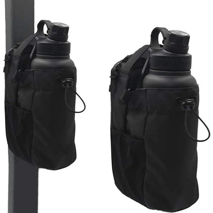Black Magnetic Water Bottle Bag for Hands-Free Hydration with pouches attached on a white background