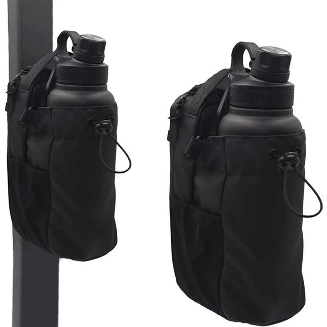 Black Magnetic Water Bottle Bag for Hands-Free Hydration with pouches attached on a white background