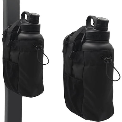 Black water bottles with pouches attached on a white background