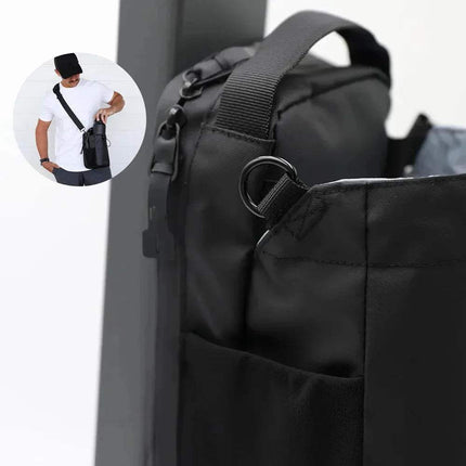 Black Magnetic Water Bottle Bag for Hands-Free Hydration with a person wearing it in an inset image