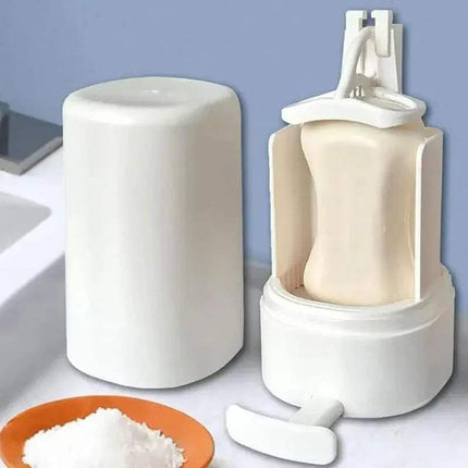 Mess-Free Bar Soap Dispenser shown next to a soap bar, demonstrating efficient and mess-free handwashing.