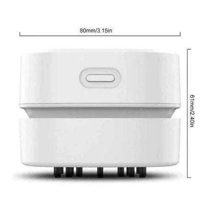 White Mini Vacuum Cleaner For Table Compact 360° Desk Cleaning Solution with dimensions indicated on a white background