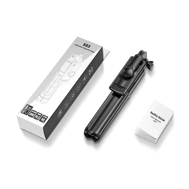 Black Multifunctional Phone Selfie Stick & Tripod with packaging and user manual on a white background