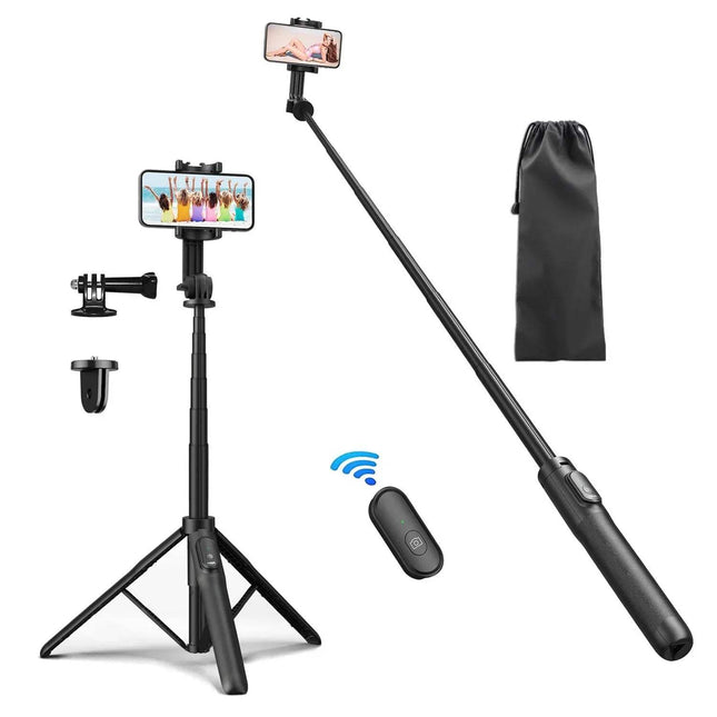 Black Multifunctional Selfie Stick & Tripod Stand Capture Stunning Shots Anywhere with remote control, phone holder, and carrying case on a white background