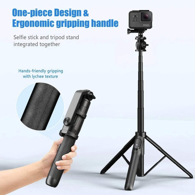 Black Multifunctional Selfie Stick & Tripod Stand with tripod stand and camera on a light blue background