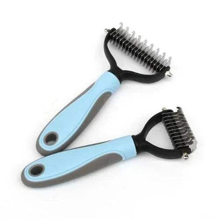 Two Pet Hair Remover Comb Gentle Grooming Comb with blue handles on a white background