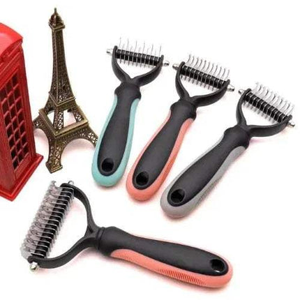 Set of Pet Hair Remover Comb Gentle Grooming Comb with colorful handles on a white background