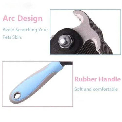 Pet Hair Remover Comb Gentle Grooming Comb with blue handle and black arc design, highlighting features on a white background.