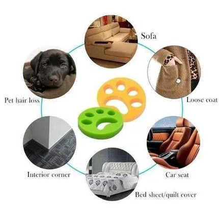 Pet Hair Remover Effortlessly Remove Fur from Clothes & Fabrics shown in various scenarios including a dog, sofa, car seat, and interior corner.