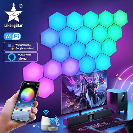 RGB Bluetooth LED Hexagon Wall Lights in a modern setup with vibrant colors and smart controls for home décor.