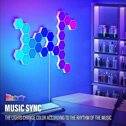 RGB Bluetooth LED Hexagon Wall Lights with music sync feature changing colors to match rhythm.