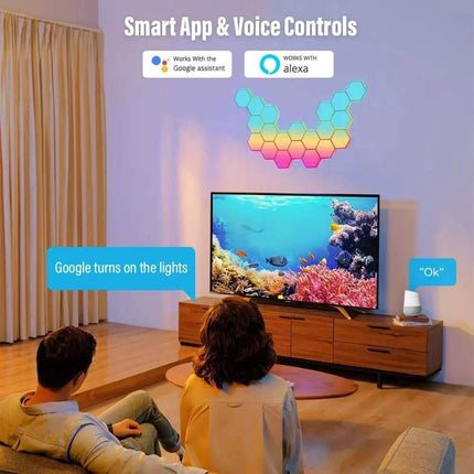 Smart home setup featuring RGB Bluetooth LED Hexagon Wall Lights with app and voice control options.
