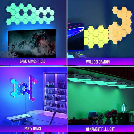 RGB Bluetooth LED Hexagon Wall Lights showcasing various lighting styles for game atmosphere, wall decoration, party dance, and ornament fill light.