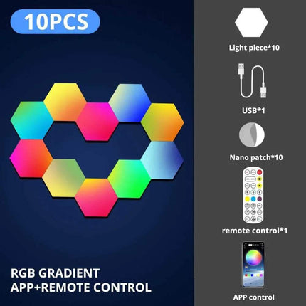 RGB Bluetooth LED Hexagon Wall Lights featuring 10 colorful panels, remote control, and app integration for smart decor.