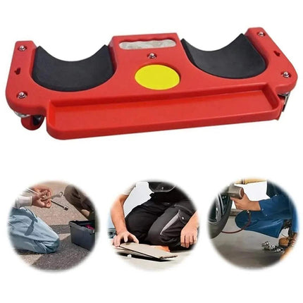 Red and black Rolling Knee Pads with Wheels for Easy Mobility & Safety with a yellow circle, surrounded by people using tools on a white background.