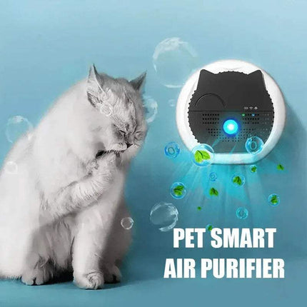 Smart Pet Air Purifier for Odor Removal & 24/7 Fresh Air with a cat on a blue background