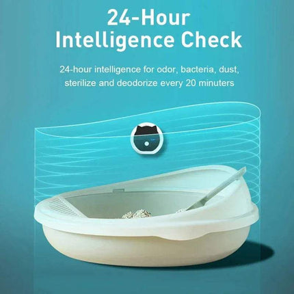 Smart Pet Air Purifier with 24-hour intelligence check feature on a blue background