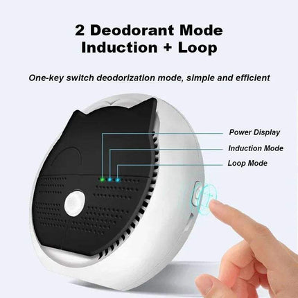 Smart Pet Air Purifier with a hand pressing a button on a light gray background