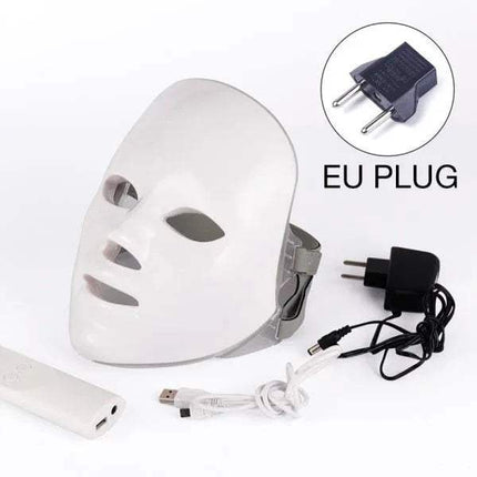 White LED Light Therapy Mask with power adapter, USB cable, and EU plug on a white background