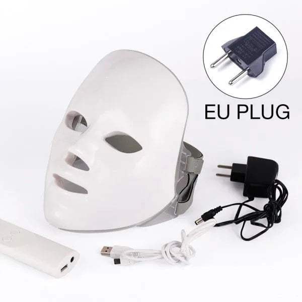 White LED Light Therapy Mask with power adapter, USB cable, and EU plug on a white background