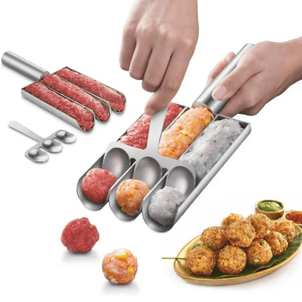 Triple Meatball Maker Stainless Steel maker with raw meat and cooked meatballs on a white background
