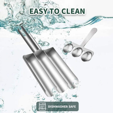 Triple Meatball Maker Stainless Steel with water splashes and text indicating ease of cleaning and dishwasher safety.