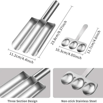 Triple Meatball Maker Stainless Steel with measurements and design details on a white background