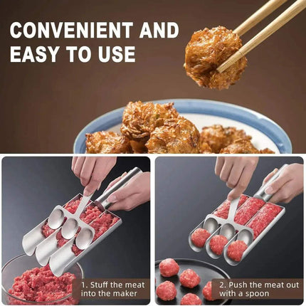 Triple Meatball Maker Stainless Steel with text 'Convenient and easy to use' and step-by-step instructions.