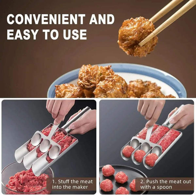 Triple Meatball Maker Stainless Steel with text 'Convenient and easy to use' and step-by-step instructions.
