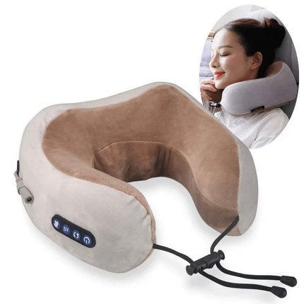 U-Shaped Neck Massager Pillow for Relaxing Pain Relief with control panel on a white background, inset of a person using it.