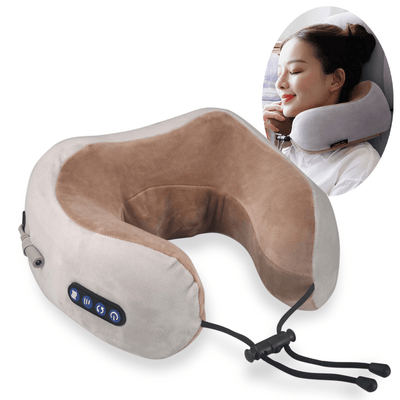 Massage neck pillow with control panel on a white background, inset of a person using it.