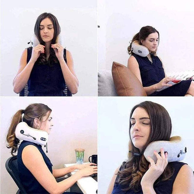 Woman using a U-Shaped Neck Massager Pillow in various settings