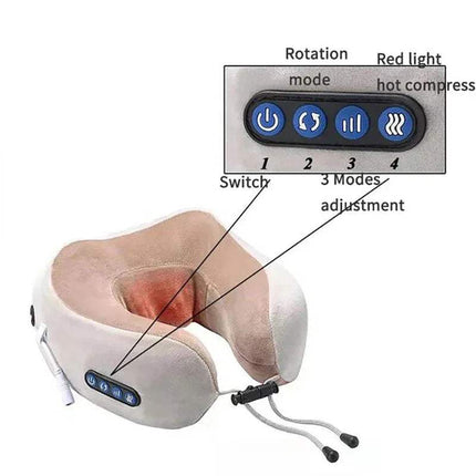 U-Shaped Neck Massager Pillow for Relaxing Pain Relief with control panel and labeled features on a white background
