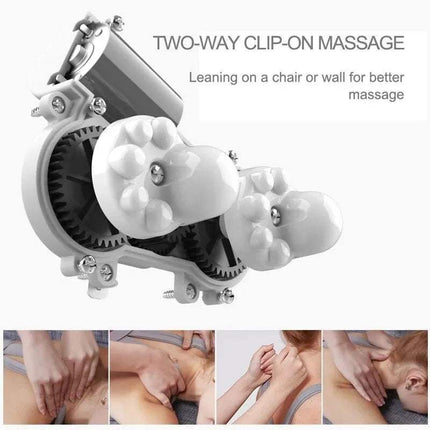 Two-way clip-on U-Shaped Neck Massager Pillow for Relaxing Pain Relief with text indicating its use.