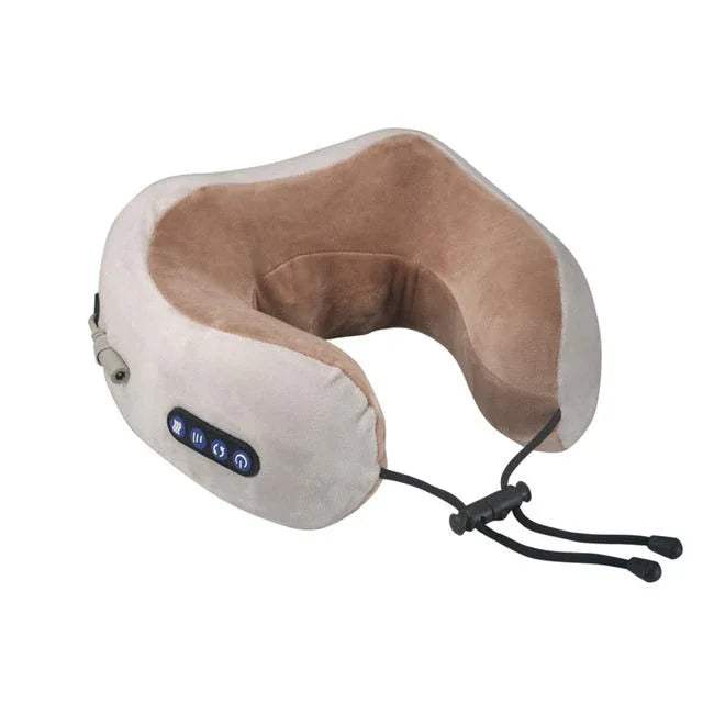 U-Shaped Neck Massager Pillow for Relaxing Pain Relief with beige and brown design on a white background