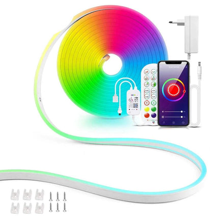 Smart RGB Neon LED Strip Light WiFi & Bluetooth Ambient Lighting with control panel, smartphone app, and accessories on a white background