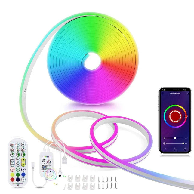 Smart RGB Neon LED Strip Light set with smartphone app control, remote, and accessories on a white background.