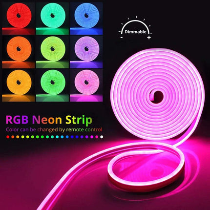 Smart RGB Neon LED Strip Light with color-changing options and dimmable feature on a dark background.