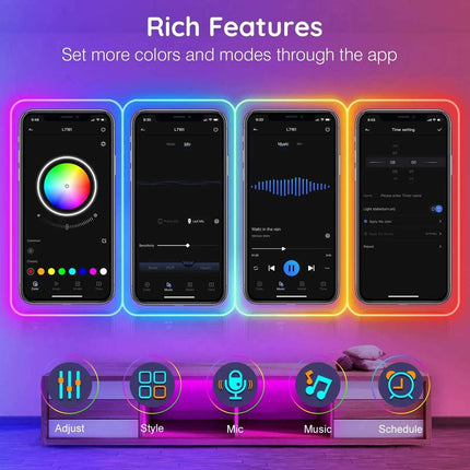 Smart RGB Neon LED Strip Light using Smartphone app showcasing interface with colorful display options on a gradient background