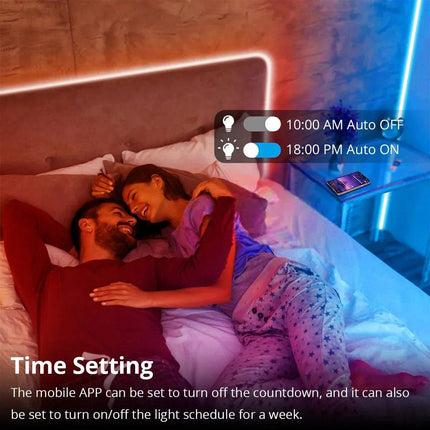 Smart RGB Neon LED Strip Light with Couple in bed with smartphone displaying light schedule app, showing time settings.