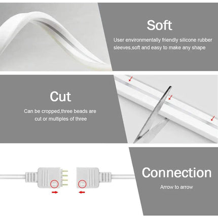 Smart RGB Neon LED Strip Light featuring its Silicone cable with text on softness, cutability, and connection.