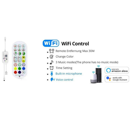 WiFi control Smart RGB Neon LED Strip Light with remote and specifications on a white background