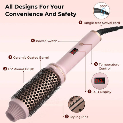 Hair Ceramic Hair Curler Brush Effortless Volume, Smooth Curls & Frizz Control with features labeled on a pink background