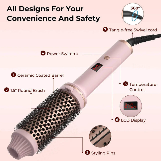 Hair Ceramic Hair Curler Brush Effortless Volume, Smooth Curls & Frizz Control with features labeled on a pink background