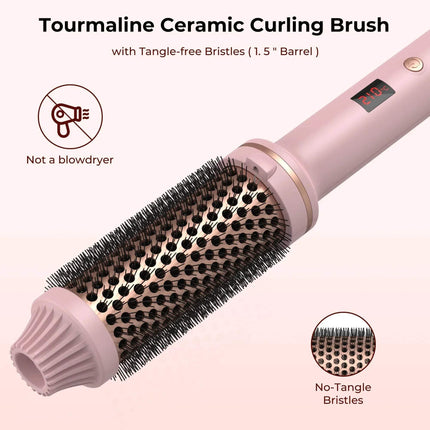 Pink tourmaline Ceramic Hair Curler Brush Effortless Volume, Smooth Curls & Frizz Control with tangle-free bristles on a light pink background