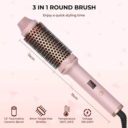 3-in-1 round brush Ceramic Hair Curler Brush Effortless Volume, Smooth Curls & Frizz Control with dimensions and features on a pink background