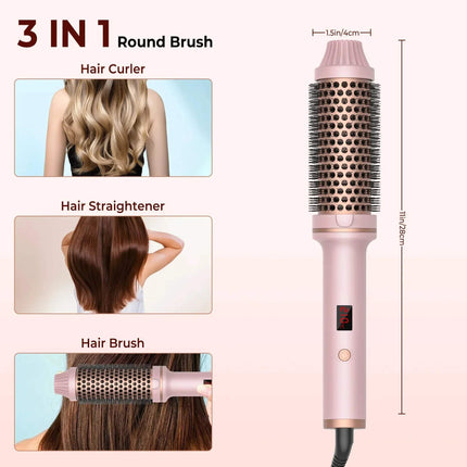 3-in-1 Ceramic Hair Curler Brush Effortless Volume, Smooth Curls & Frizz Control with round brush, hair curler, and straightener functions on a white background.