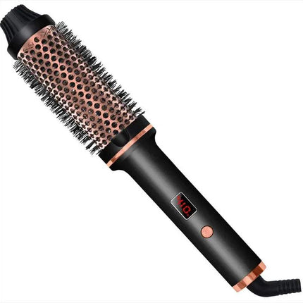 Black and rose gold Ceramic Hair Curler Brush Effortless Volume, Smooth Curls & Frizz Control on a white background